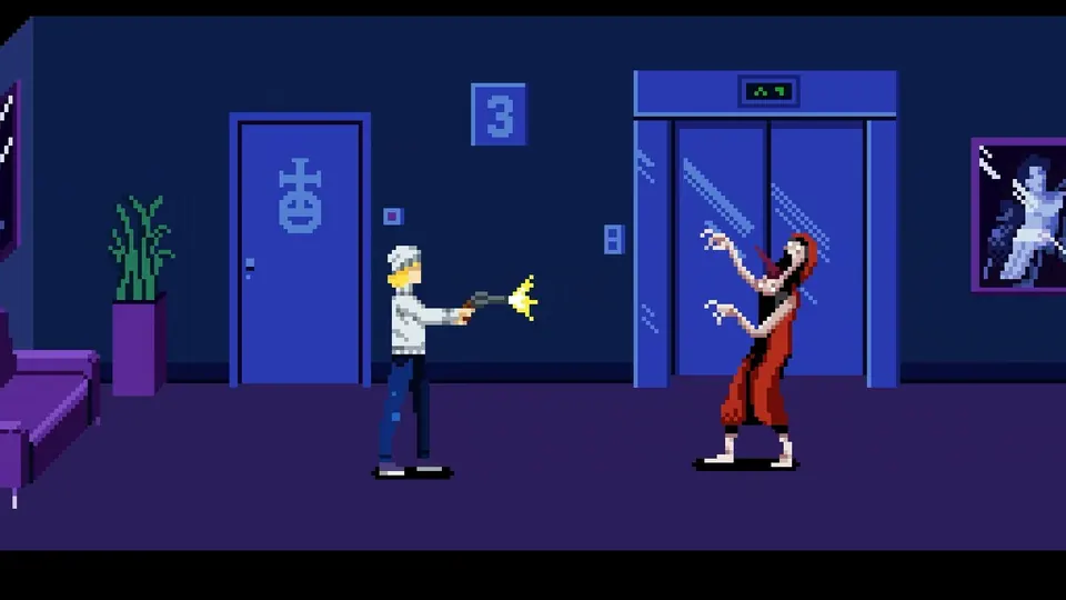 Pixel-art shootout with a monster near the elevators