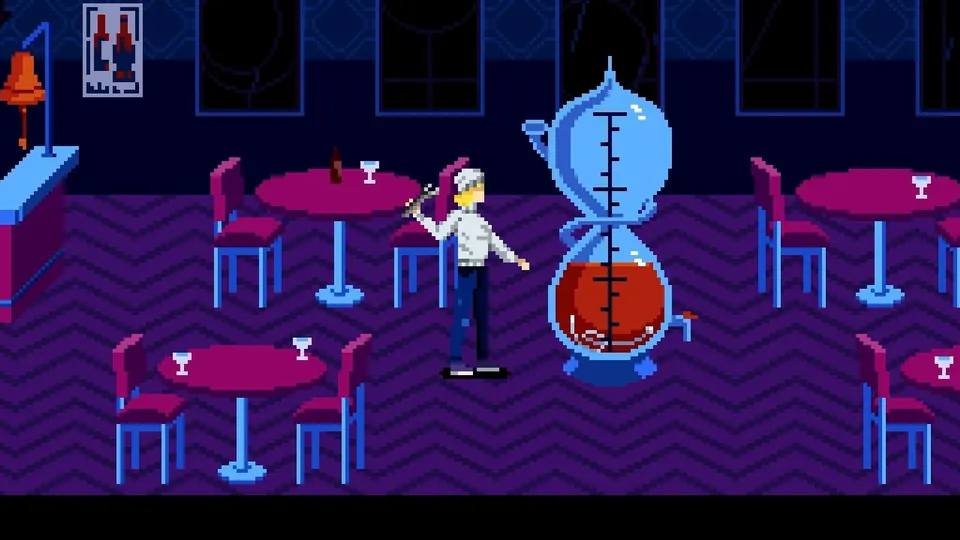Neon bar interior with tables and a strange machine