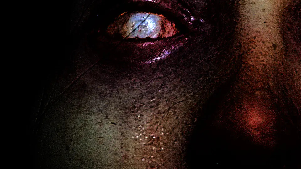 Pale face with dark hollows between giant staring eyes