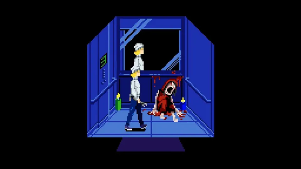 Two characters trapped inside a blue elevator