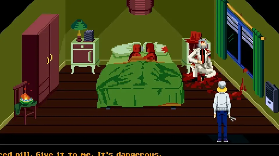 Bedroom with a bloodied figure beside the bed