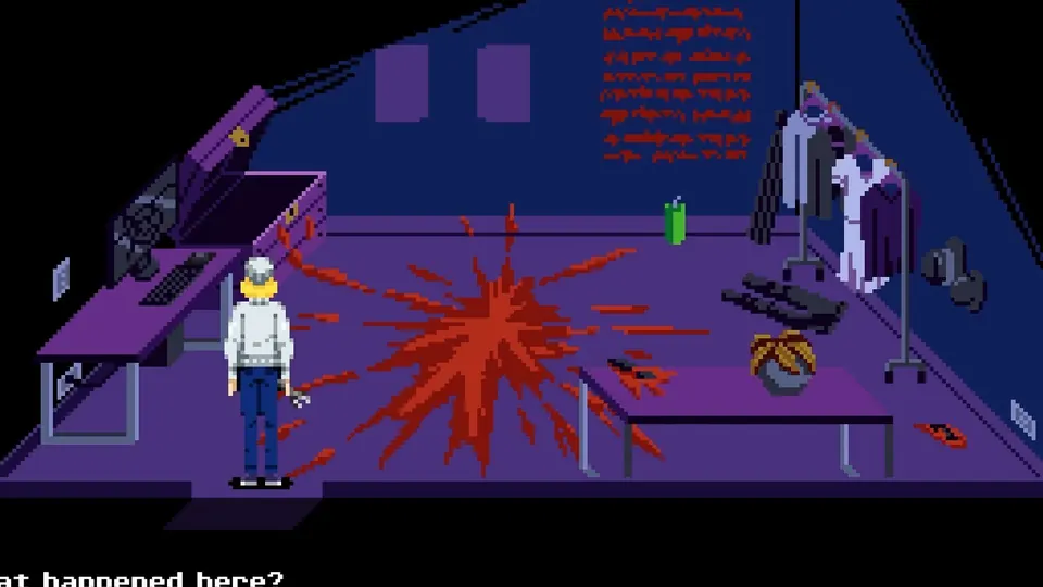 Office with a large bloodstain and scattered debris