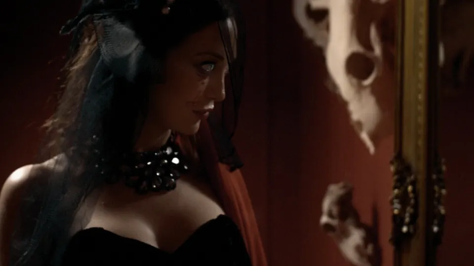 Woman in a black dress standing beside a mirror